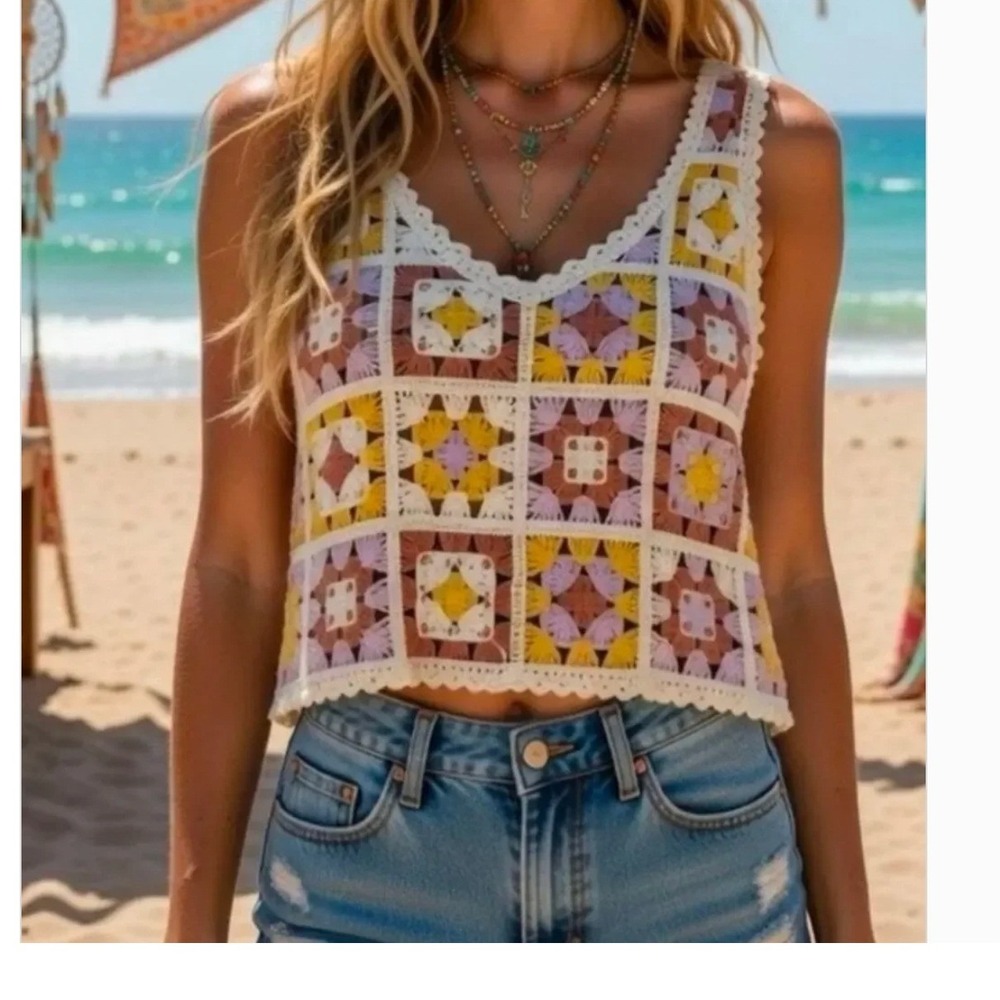 Rebellion Again Crochet Crop Top Boho Granny Square Patchwork Multicolor‎ Size M